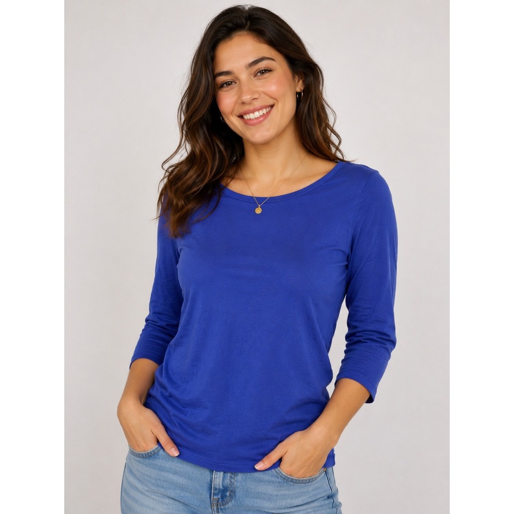 J.Crew Womens Blue Cotton Linen 3/4 Sleeve Scoop Neck Tee Shirt F9009 Size S